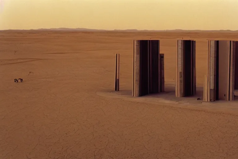 Image similar to film still of monumental gigantic post human building in the desert, by Étienne-Louis Boullée ektachrome full-HD