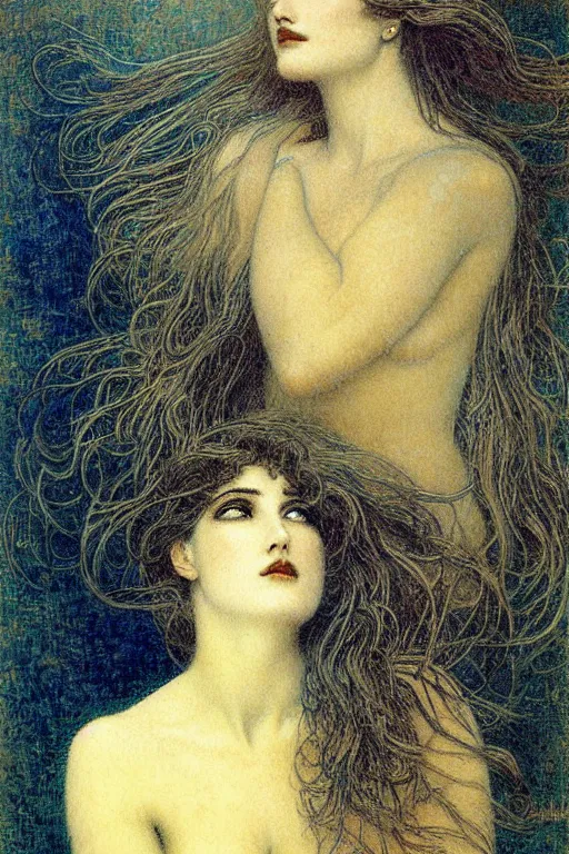 Prompt: a painting of she whose face isbthe moon by gustav moreau, jean delville and  Gaston Bussiere