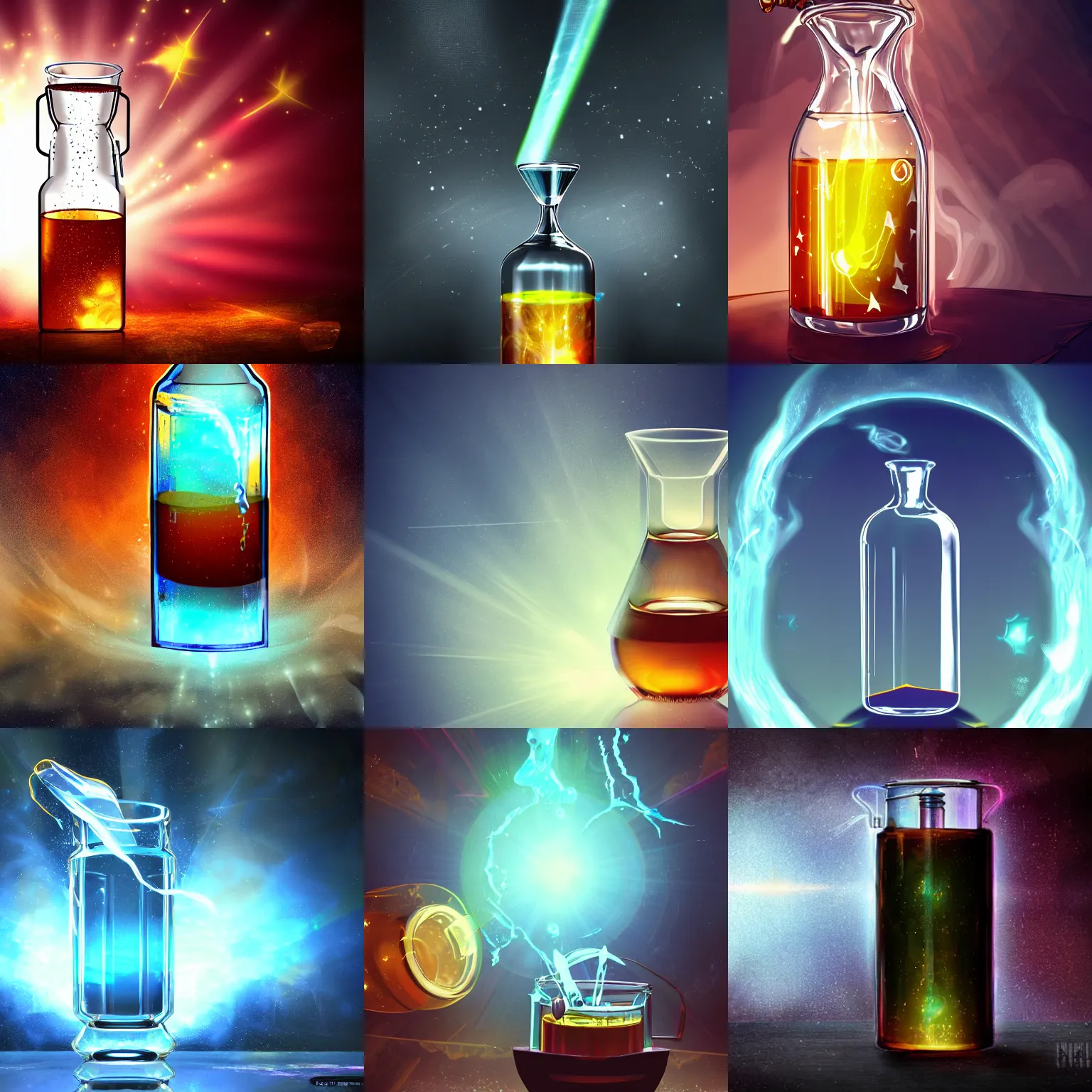 Prompt: a drink in a glass flask, specular highlights, god rays, glowing liquid, stars swirling inside the liquid, digital art, video game concept art