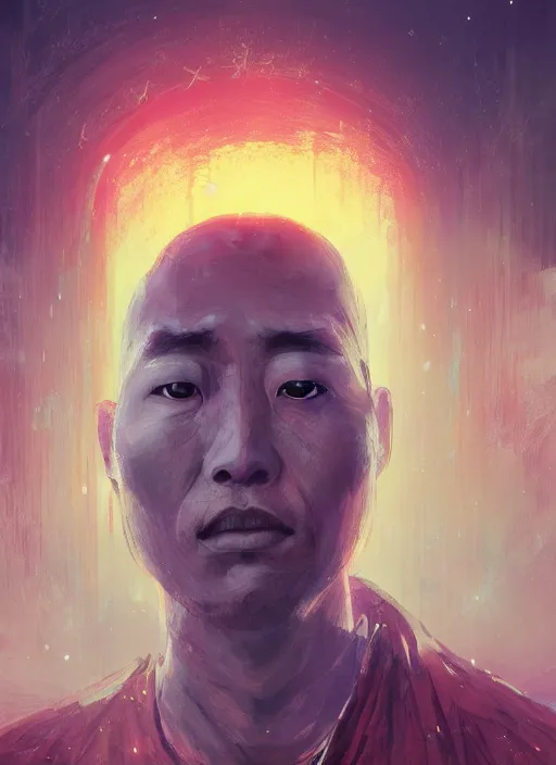 Image similar to colorful character portrait of a chinese prisoner at night lit by the stars, wispy smoke, highly detailed face, very intricate, symmetrical, cinematic lighting, award - winning, painted by mandy jurgens, peter doig, dystopian, bold colors, dark vibes, anime aesthetic, featured on artstation