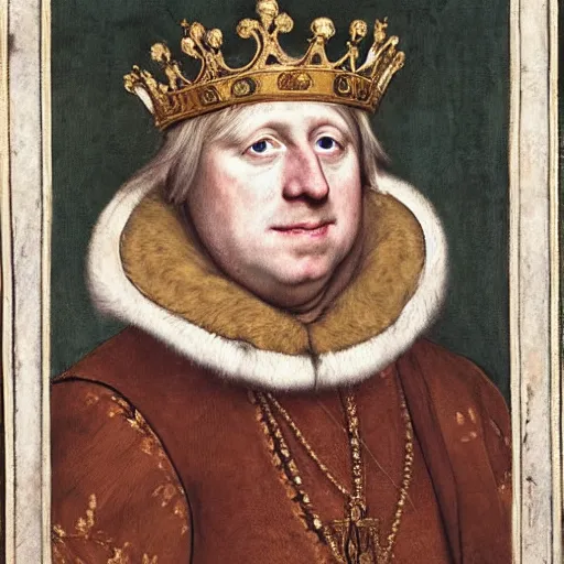 Image similar to a royal portrait of boris johnson as a king, painted by hans holbein, British Museum