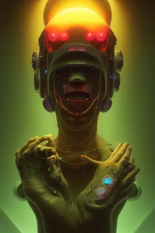 Image similar to portrait of a cute smiling bioluminescent creature, cyberpunk, dark retrowave, highly detailed, asymmetrical artwork, cinematic, hyperrealism, art by zdzisław beksinski and stanley lau and artgerm and magali villeneuve and alphonse mucha, artstation, octane render, unreal engine, 8 k, aperture f 1. 2