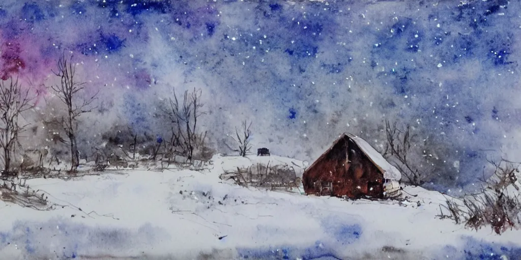 Image similar to a watercolor painting of a cabin in a snowy landscape, at night, painted by lars lerin, expressionism, messy snow storm