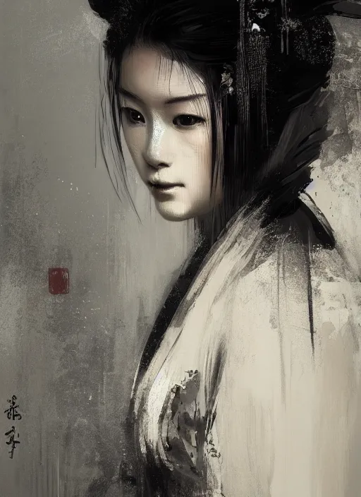 Image similar to female geisha girl, beautiful face, black and white, rule of thirds, intricate outfit, spotlight, by greg rutkowski, by jeremy mann, digital painting