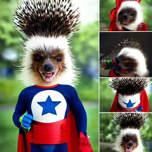 Image similar to an adorable superhero porcupine