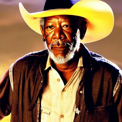 Image similar to an film still of morgan freeman as cowboy with beard, western background