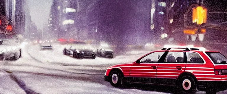 Image similar to Audi A4 B6 Avant (2002) chased by NYPD cop cars, a gritty neo-noir, dramatic lighting, cinematic, establishing shot, extremely high detail, photorealistic, cinematic lighting, artstation, by simon stalenhag, Max Payne (PC) (2001) winter new york at night, eldritch horror