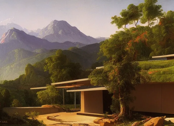 Image similar to painting of a john lautner house in front of beautiful mountains by thomas cole