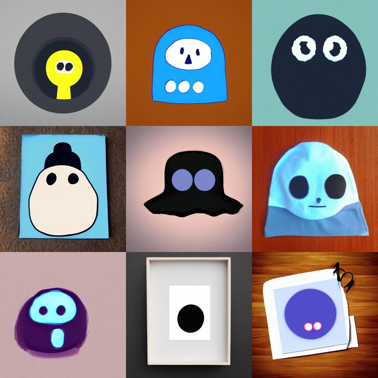 Prompt: tiny cute glowing eyes big hat no face minimalist cartoon pastel