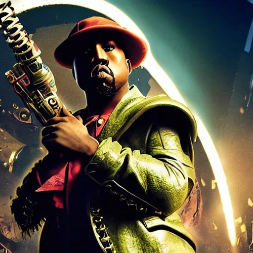 Prompt: Kanye West as 'willy wonka'!!!! in gears of war, splash art, movie still, cinematic lighting, dramatic, octane render, long lens, shallow depth of field, bokeh, anamorphic lens flare, 8k, hyper detailed, 35mm film grain