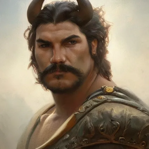 Image similar to ''face portrait of a handsome bull, furry, greek mythology, greece, fantasy, dungeons and dragons, d & d, digital painting, artstation, concept art, sharp focus, illustration, art by greg rutkowski and alphonse mucha''