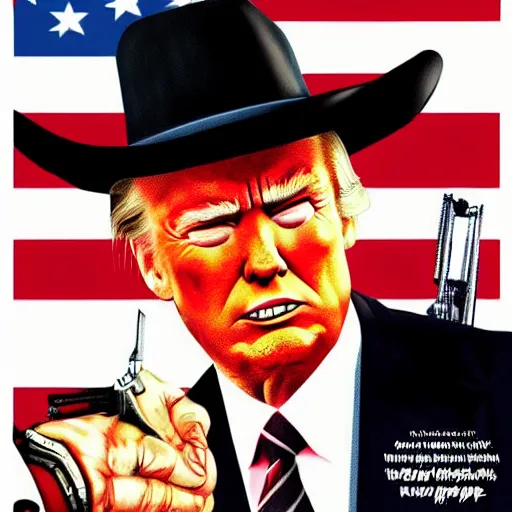 Prompt: donald trump as clint eastwood squinting at high noon in the style of a clint eastwood movie, the good, the bad and the ugly, clint eastwood, steven seagal, bud spencer, donald trump, glory days, american flag, patriotism, apple pie, black and white, artgerm, trending on artstation