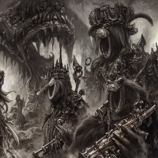 Image similar to muppets king of hell hell with trumpeters, intricate detail, royo, vallejo, frazetta, giger, whealan, hd, unreal engine,