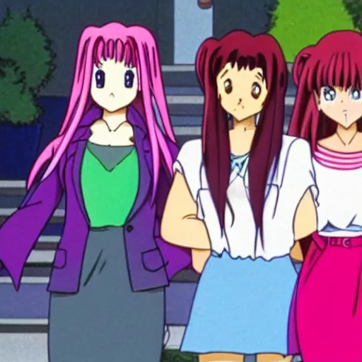 Prompt: movie still of 1990s anime mean girls