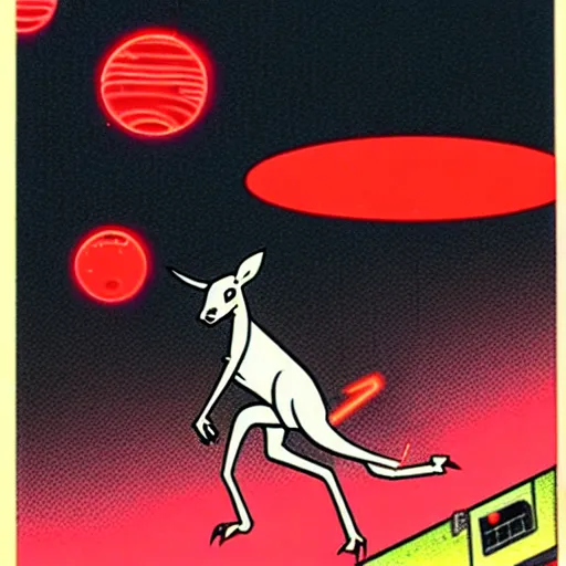 Prompt: Kangaroo runs away from a flying robot orb with red lasers in a futuristic prison by Kazuo Umezu, ultra high detailed