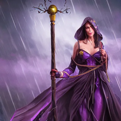 Image similar to a woman in a purple dress holding a staff and dark magic, storm and rain behind her, action scene, magical concept art, artstation contest winner, fantasy art, dark and mysterious, artstation hd, 1 2 0 mm lens, hero pose, detailed, 8 k, digital art