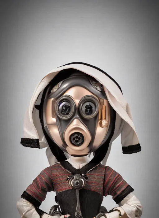 Image similar to closeup portrait of tin toy gothic nun wearing a gas mask, depth of field, zeiss lens, detailed, symmetrical, centered, fashion photoshoot, by nicoletta ceccoli, mark ryden, lostfish, earl nore, hyung tae, frank frazetta, breathtaking, 8 k resolution, extremely detailed, beautiful, establishing shot, artistic, hyperrealistic, octane render