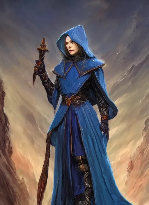 Image similar to dark blue cloak female priest, ultra detailed fantasy, dndbeyond, bright, colourful, realistic, dnd character portrait, full body, pathfinder, pinterest, art by ralph horsley, dnd, rpg, lotr game design fanart by concept art, behance hd, artstation, deviantart, hdr render in unreal engine 5