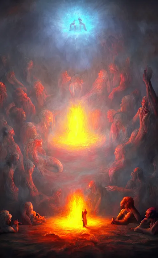 Image similar to Meeting God in hell, digital art, trending on art station