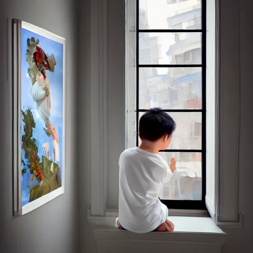 Image similar to young boy wearing white fabric pajama with cartoon paintings on it infront of the window in his room and staring outside. highly detailed, digital photo, smooth and sharp focus, cg by tian zi and wlop and alphonse mucha