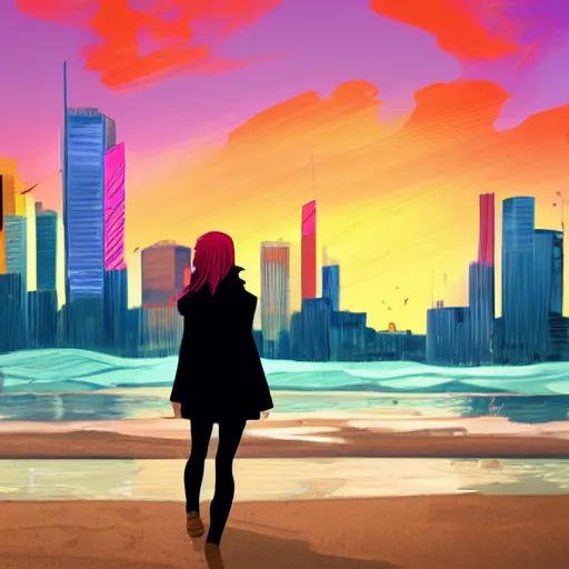 Image similar to lonely young woman with red hair, magenta coat, and light blue pants ; wandering a beach at sunset with a city skyline on the horizon, digital painting, anime inspired, warm lighting, swimming pool in foreground