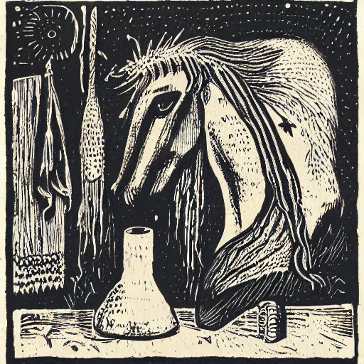 Image similar to offerings for the horse goddess, woodcut print