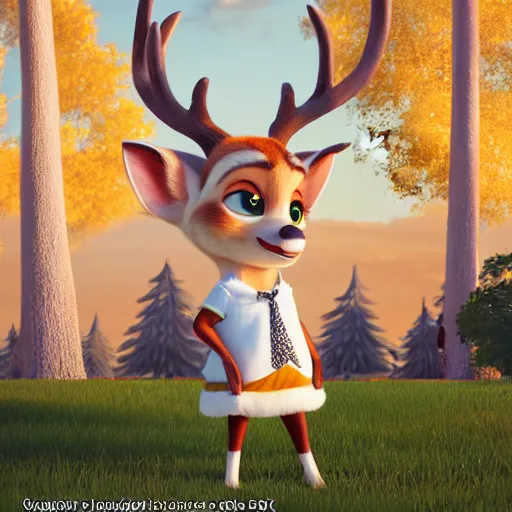 Image similar to portrait, 3 d render, tall, little fat, anthropomorphic female deer, wearing along white dress, in the style of zootopia,