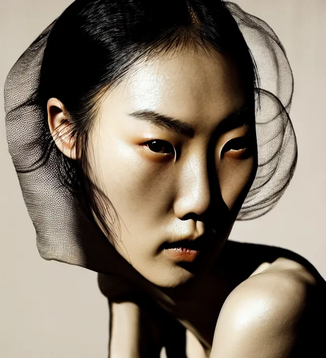 Prompt: photography facial portrait of liu wen, natural background, sensual lighting, natural fragile pose, wearing stunning cloth creation by iris van herpen, with a colorfull makeup. highly detailed, skin grain detail, photography by paolo roversi, nick knight, helmut newton, avedon, araki