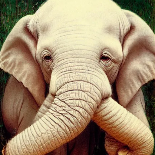 Image similar to an albino baby elephant portrait by Norman Rockwell, ultra realistic picture, looking at the camera, highly detailed, 8k, masterpiece, trending on cgsociety