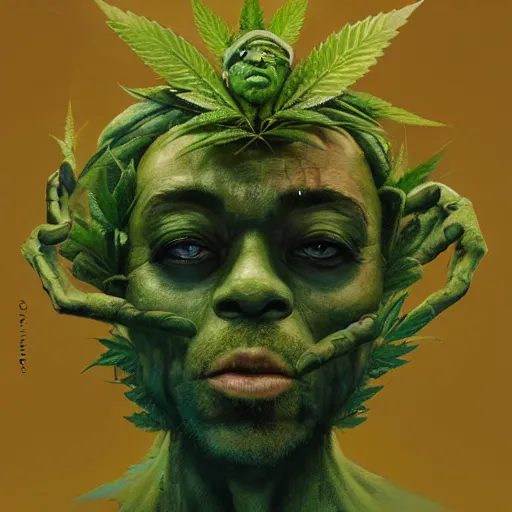 Image similar to a man made of hemp, with a head in the form of a cannabis bloom, man like smurf, green skin, character, art by james jean and greg rutkowski!!, realistic face, digital art,, golden ratio, perfect composition, trending on artstation, 8 k