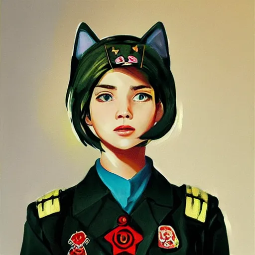 Image similar to oil paining of twentytwo year old female character with ( ( ( cat ears ) ) ) wearing soviet era uniform, wearing a tshirt with a face of karl marx on it, in the style of krenz cushart