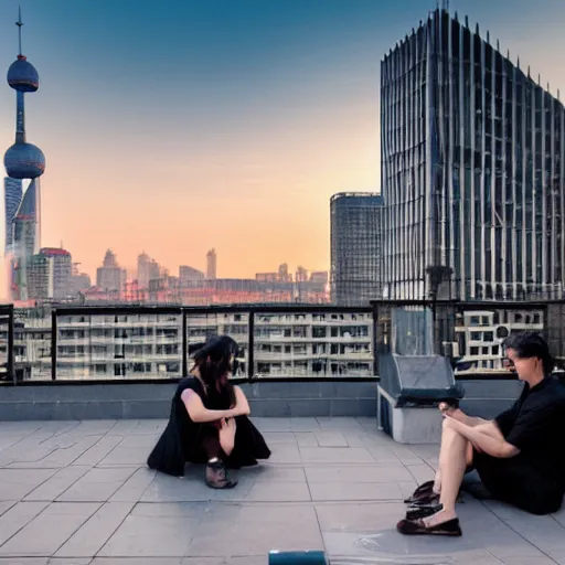 Image similar to a small rooftop with a couple of people sitting and watching the view, wearing black modern clothes, modern shanghai bund is on the background, sunset, by gregory crewdson