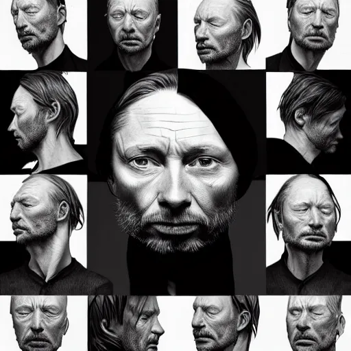 Image similar to collages, hyper realistic, many variations portrait of very old thom yorke, face variations, singer songwriter, ( side ) profile, liminal space, by lee bermejo, alphonse mucha and greg rutkowski, greybeard, smooth face, cheekbones, various versions