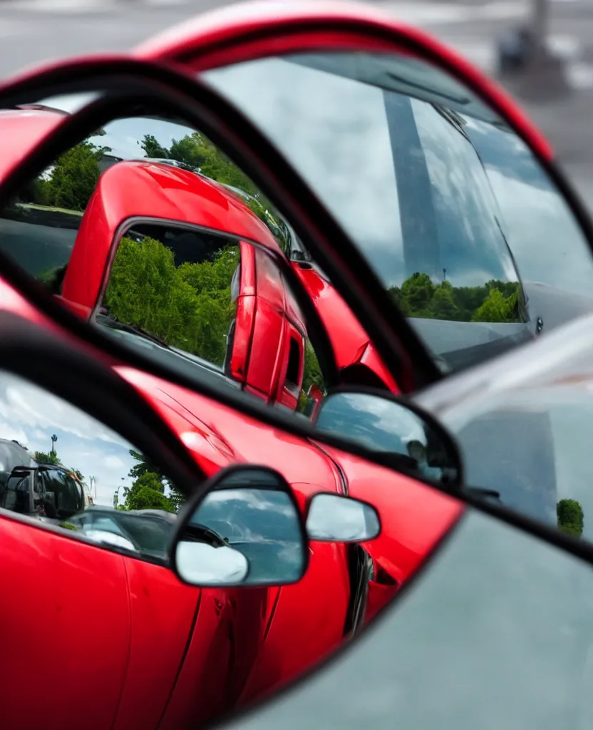 Prompt: close up shot of a red sports car driver's side mirror, in the reflection of the mirror is an alien