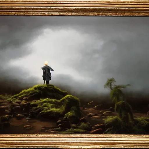 Image similar to high - angle view, shot from 5 0 feet distance, baby yoda strolls on a well lit path in a dimly lit forest. dramatic clouds, setting sun. oil on canvas painting,, light, shadow, contrast, detailed, depth, volume, chiaroscuro, drama, quiet intensity, serene, willem kalf,