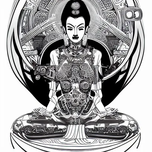 Image similar to vector line art cyberpunk cyborg Tibetan multi armed bodhisattva, golden ratio, sharp linework, clean strokes, sharp edges, flat colors, hyper realism, character design art by Joe Fenton, shepard fairey, trending on artstation