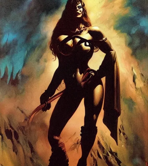 Image similar to seventies scream queen, dark night, strong line, deep color, beautiful! coherent! by brom, by frank frazetta,