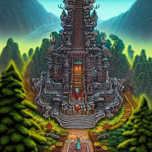 Image similar to mysterious temple in the mountains, fantasy landscape, extremely detailed, sharp focus, pixelart, wide view, digital illustration, by dan mumford, greg rutowski, johan grenier