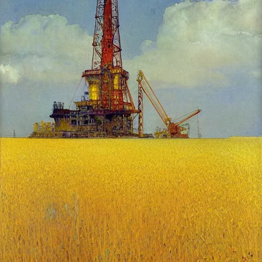 Image similar to A beautiful painting of an offshore oil rig, standing in a golden wheat field, fine art, painted by carl larsson and alphonse mucha, art deco