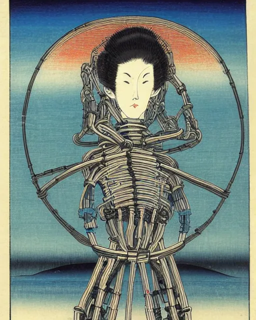 Image similar to Hiroshige portrait of a robot saint made of cables and robotic pod