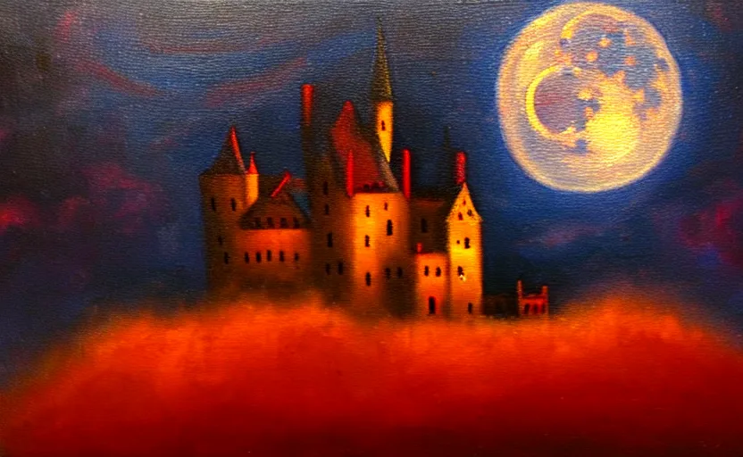 Prompt: red oil painting, full moon, french gothic burning! castle, fog!! clouds!! bats flying away from castle, blur, bokeh,