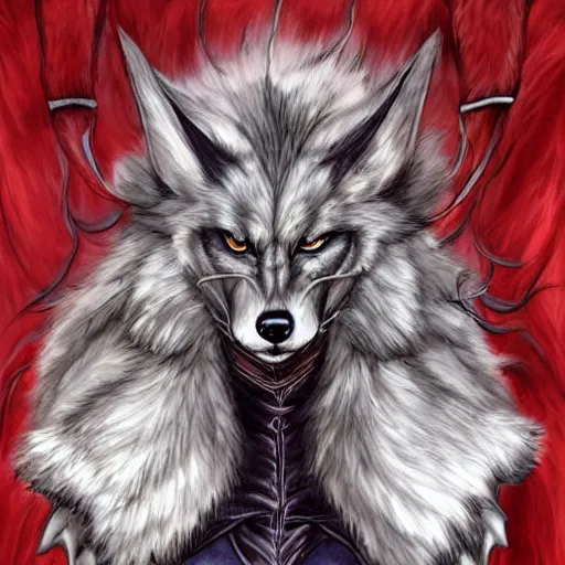 Prompt: a portrait of an anthropomorphic wolf, furry fursona, black cape, long fangs, by ayami kojima, castlevania symphony of the night, correct wolf muzzle, full body, flowing cape, large red eyes!!!, full!!! body