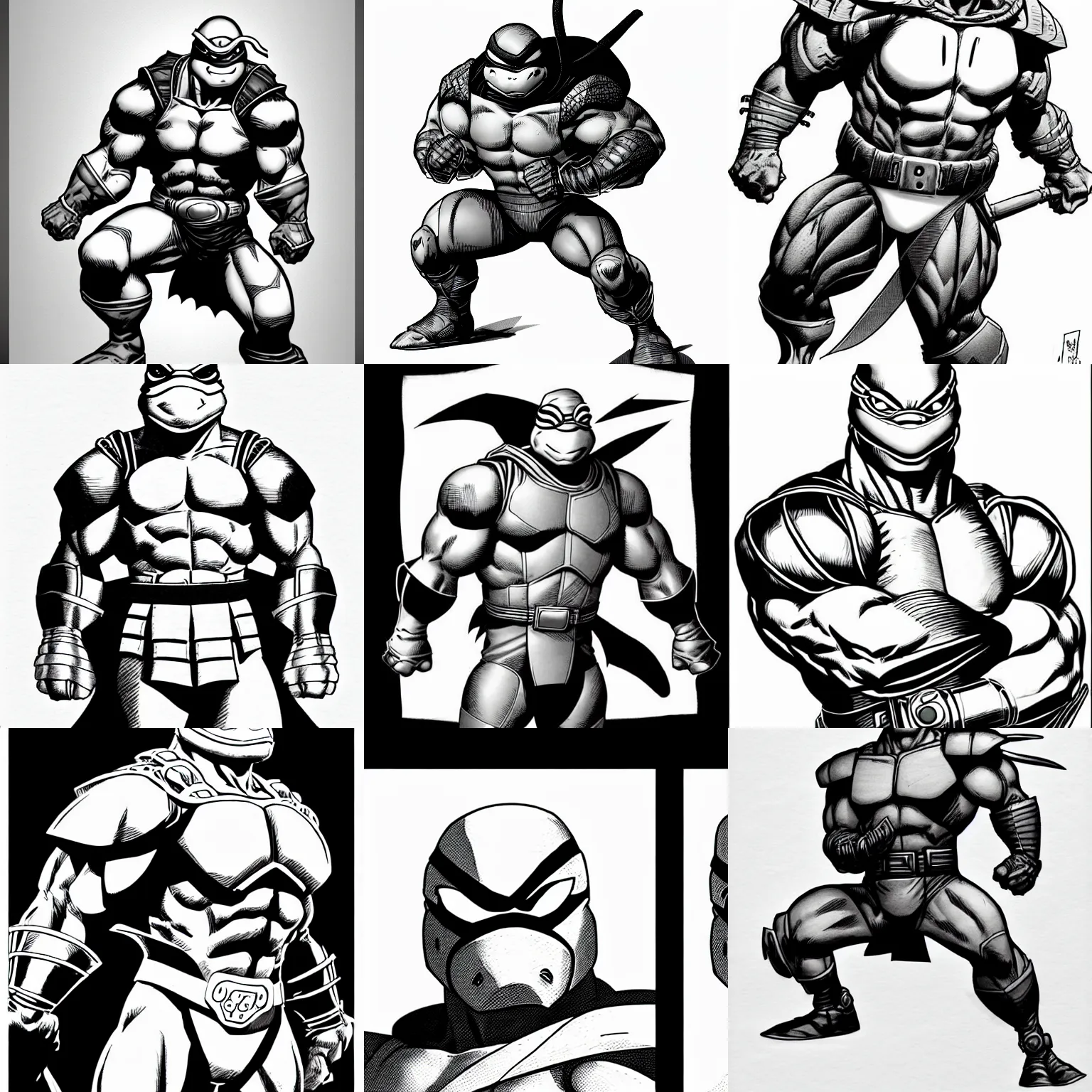 Prompt: anthropomorphic ninja turtle!!! jim lee!!! sideview full shot!! flat ink sketch grayscale by jim lee close up in the style of jim lee, ( attention pose ) cyborg! battle armor rugged knight hulk toad animal superhero by jim lee