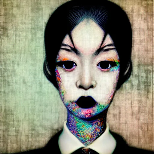 Prompt: yoshitaka amano blurred and dreamy realistic three quarter angle portrait of a young woman with black lipstick and black eyes wearing office suit with tie, junji ito abstract patterns in the background, satoshi kon anime, noisy film grain effect, highly detailed, renaissance oil painting, weird portrait angle, blurred lost edges