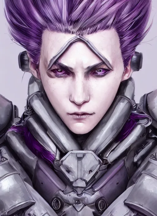 Prompt: close up portrait of a pale woman in sci - fi power armor with purple hair, powerful, domineering, stoic, masterful, eyepatch, intense, ultrafine hyperdetailed illustration by kim jung gi, irakli nadar, intricate linework, sharp focus, octopath traveler, yoji shinkawa, highly rendered, detailed, concept art