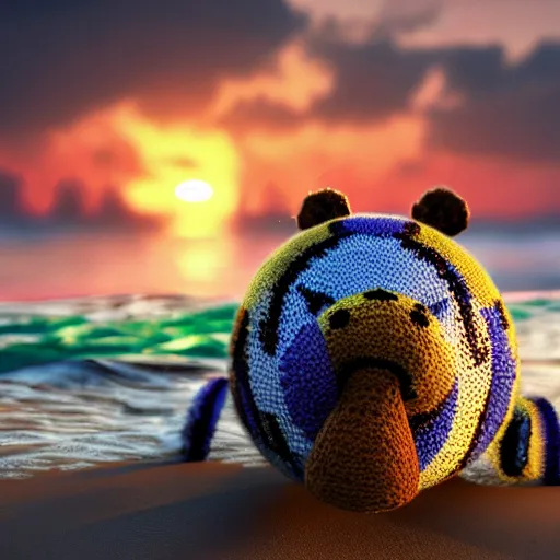 Image similar to a closeup photorealistic photograph of a cute smiling knitted tiger hippopotamus chasing a beachball at sunset. surf in the background. professional capture. this 4 k hd image is trending on artstation, featured on behance, well - rendered, extra crisp, features intricate detail, epic composition and the style of unreal engine.