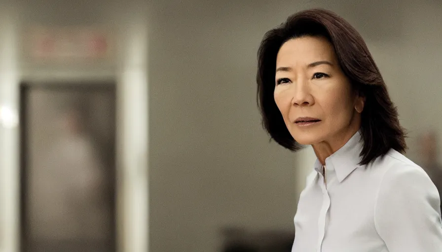 Image similar to michelle yeoh as evelyn wang from everything everywhere all at once ( 2 0 2 2 ) inside irs building, directed by'daniels ', cinematography by larkin seiple, martial arts multiverse movie still