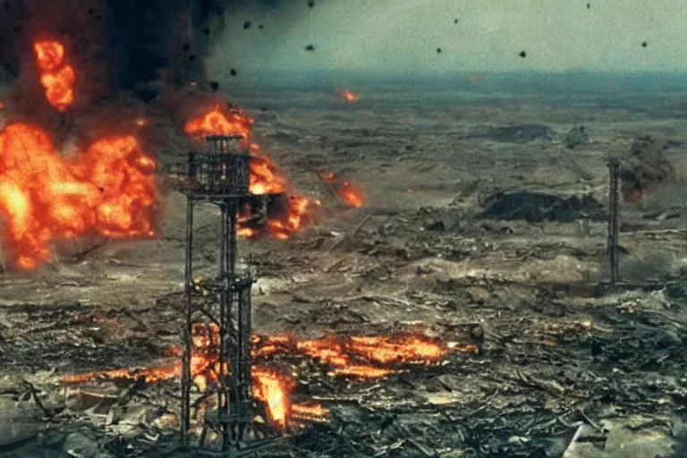 Prompt: An apocalyptic scene of A nestle oil derrick destroyed after the alien invasion, 70mm Imax, Cinematic, Film Still, Directed by Michael bay