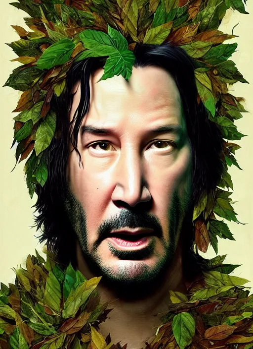 Image similar to highly detailed comedy caper movie poster with silly wacky zany keanu reeves as a sentient pile of leaves, keanu reeves green face as tree sentient leafy bush by greg rutkowski, masterpiece, really funny, 1 0 / 1 0 comedy