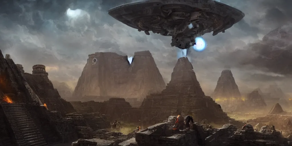 Image similar to A fierce Aztec warrior watches ominous alien spacecraft flying above the Aztec temple. Intense dramatic epic sci-fi cinematic concept artwork in the style of Jacek Pilarski and Greg rutkowski and Sylvain Lorgeou. Panoramic view. Trending on artstation